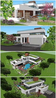 精品现代风格独栋别墅建筑 带屋顶花园和游泳池 景观庭院SU模型设计模型下载
